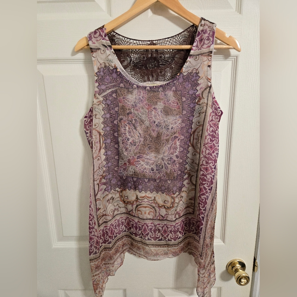 ONE WORLD Purple and Cream Patterned Boho Tank Top Size Medium